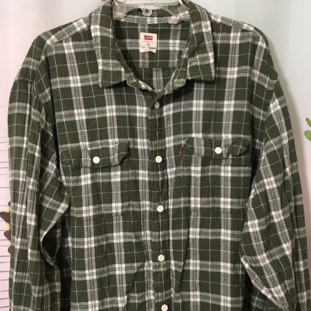 Levi's Shirt Men XXL Adult Green White Casual Button Down Flannel Plaid Vintage